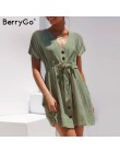 BerryGo Sexy cuello en V vestidos de mujer vestido de lino Vintage de manga corta botón faja mini vestido Casual streetwear vest