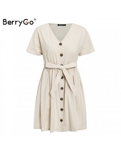 BerryGo Sexy cuello en V vestidos de mujer vestido de lino Vintage de manga corta botón faja mini vestido Casual streetwear vest