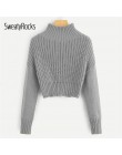 SweatyRocks Solid Stand Collar Crop Sweater manga larga Mujer elegante Pullovers Tops 2018 otoño mujeres Casual suéteres básicos