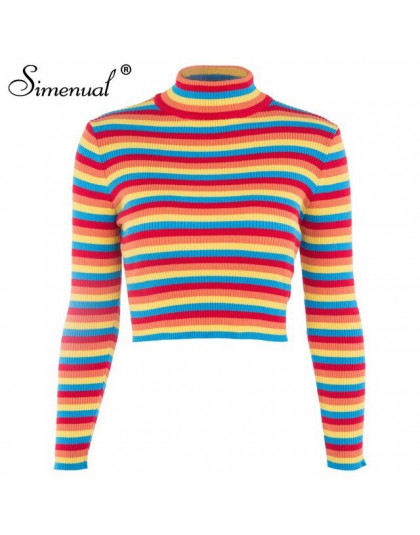 Suéter de rayas de arco iris Simenual Jersey de punto 2018 de moda ajustado sexy mujer suéteres de cuello alto y pulóveres color