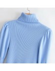 2019 mujeres moda cuello alto puff manga suéter básico tejido otoño color sólido casual Delgado jerseys chic ocio tops S086