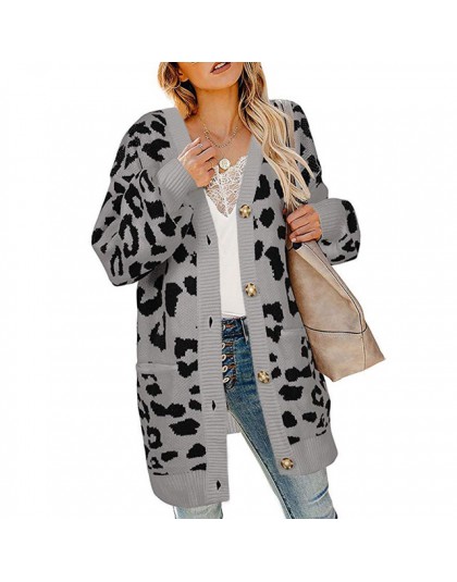 LOGAMI Vintage leopardo Mujer Cardigan largo 2019 Otoño Invierno Casual solo pecho suéter de punto abrigo
