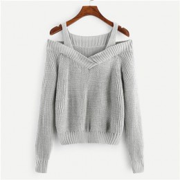 Jerseys de manga larga de cuello con correas de suéter sólido de hombro frío gris Casual 2018 Otoño Invierno para mujer