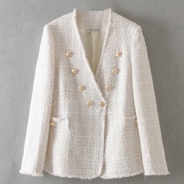 Mujeres elegante abrigo blanco doble pecho V cuello botones chaqueta Oficina desgaste femenino casual outwear top blusas 9200