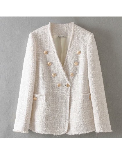 Mujeres elegante abrigo blanco doble pecho V cuello botones chaqueta Oficina desgaste femenino casual outwear top blusas 9200