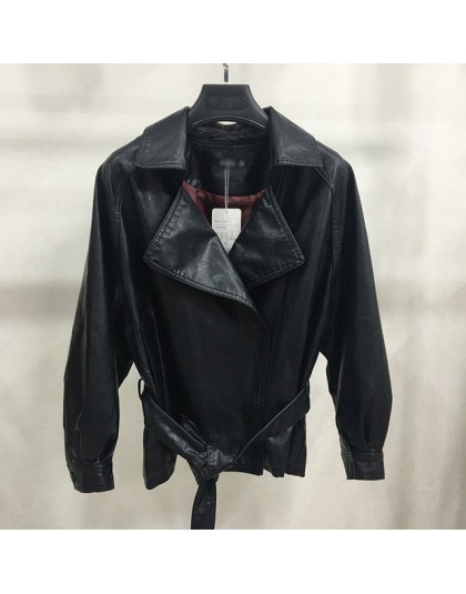 LANMREM 2019 nueva moda solapa Oversize vendaje cintura PU chaqueta de cuero manga larga femenina suelta Casual abrigo Vestido Y