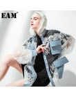 [EAM] 2019 nuevo Otoño Invierno cuello alto manga larga azul Denim encaje Split Joint Chaqueta talla grande Mujer abrigo moda ma