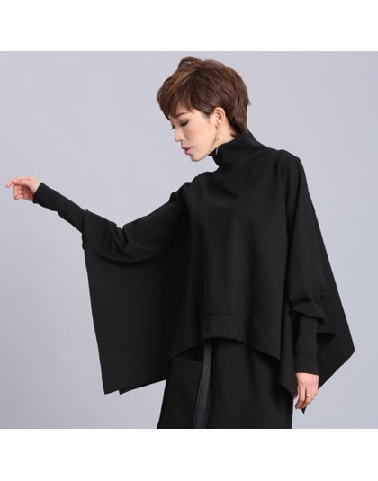 [EAM] 2019 nueva primavera negro manga de murciélago completa cuello de tortuga Jersey suelto Irregular mujer moda abrigo de mar