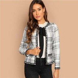 Abrigo de Tweed con detalle de puntadas de cuello de lazo de Sheinside para mujer chaqueta de otoño blanco y negro Elegante ropa