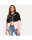 SweatyRocks Athleisure elástico borde Color bloque cazadora chaqueta ropa activa soporte Collar 2018 otoño Zip Up mujeres Casual