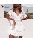 DICLOUD blanco bordado vestidos de algodón verano mujeres de manga corta Casual playa vestido Sexy V cuello ahuecado Mini vestid