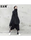 [EAM] 2019 nueva moda de invierno soporte de plomo Irregular largo tipo algodón acolchado ropa abrigo suelto negro sólido chaque
