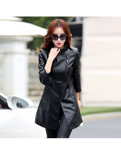 Chaqueta de abrigo de cuero M-5XL de moda de mujer delgada de retazos larga chaqueta femenina de alta calidad de la PU de la mot