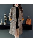 2019 Otoño Invierno lana mujer bolsillos a cuadros mezcla trabajo de oficina abrigos largos moda marca señora delgada solapa man