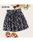 SHEIN Boho Navy Ditsy estampado Floral Paperbag cintura faldas acampanadas mujeres verano 2019 Casual Frilled plisado Mini falda