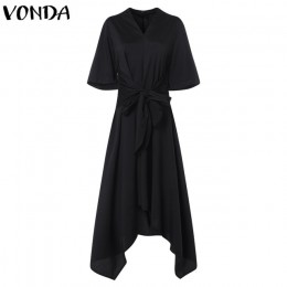 VONDA 2019 vestido de verano Vintage largo Maxi vestido de mujer de manga corta Sexy cuello en V asimétrico de alta cintura Vest