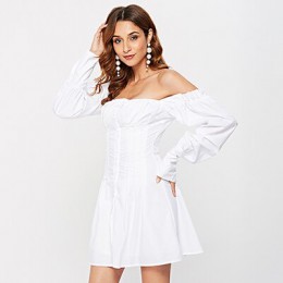 OOTN Sexy fuera del hombro blanco túnica vestido plisado verano mujeres manga larga camisa vestido femenino volantes fiesta Mini