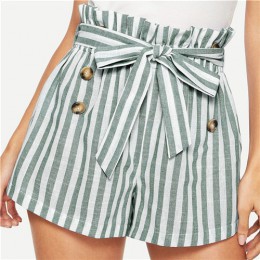 SHEIN azul o verde papel-bolsa plisada cintura abotonada cinturón nudo rayas pantalones cortos mujeres verano Highstreet Preppy 