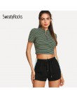 SweatyRocks pantalones cortos a rayas con cordón lateral 2018 verano cintura elástica Athleisure Shorts mujeres negro media cint
