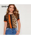 SHEIN bloque de Color cortar y coser Panel de leopardo superior de manga corta cuello redondo Camiseta Casual mujeres 2019 veran