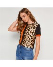 SHEIN bloque de Color cortar y coser Panel de leopardo superior de manga corta cuello redondo Camiseta Casual mujeres 2019 veran