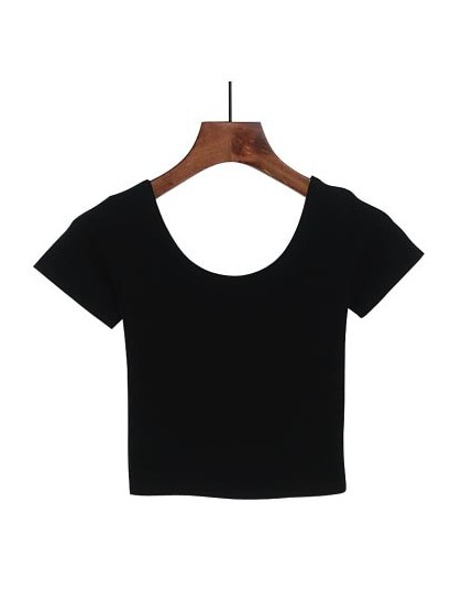 Camiseta con cuello en U de Harajuku para mujer, camiseta negra Sexy de manga corta, camiseta para mujer