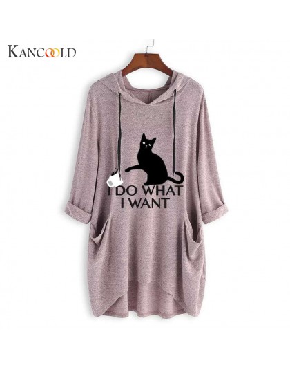 Camiseta superior de KANCOOLD para mujer, camiseta con capucha de orejas de gato con estampado Casual, manga larga, bolsillo Irr