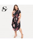 Sheinside Plus tamaño impresión Floral elegante recto con cinturón vestido de mujer de verano de 2019 rollo Casual manga Boho Mi