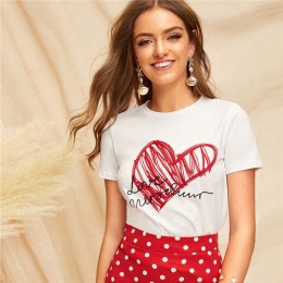 SHEIN señoras Simple cuello redondo estampado gráfico camiseta verano Casual minimalista manga corta letras mujeres camisetas