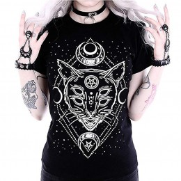 Star Punk Cat Print camiseta moda mujer galaxia manga corta gato estampado negro suelto Punk camisas gótica Casual camiseta muje