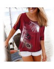 Camiseta Casual de verano para mujer, 2019, manga corta de murciélago, blusas sueltas, hombro frío, con estampado de plumas, cam