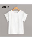 SHEIN Ruffle ribete Guipure encaje detalle blanco camiseta de las señoras de verano Casual lindo sólido manga corta Camiseta elá