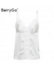 BerryGo Sexy encaje blanco satén camisola de verano Spaghetti Correa Rosa camisetas sin mangas mujer botones elegantes ropa de c
