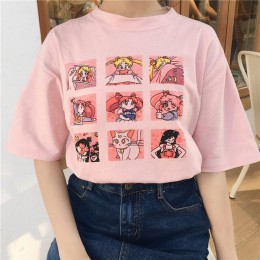 Camiseta media divertida de manga corta de Sailor Moon ulzzang con letras de dibujos animados de Harajuku informal de talla gran