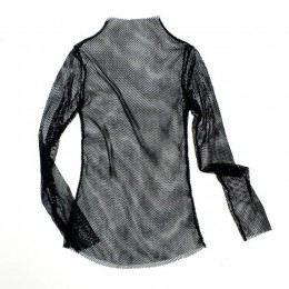 Las mujeres de rejilla de cuello alto Tops de manga larga ver a través de la camiseta Tops hueco de malla transparente de camise
