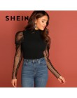 SHEIN Going Highstreet negro malla manga Gigot cuello alto equipado superior 2018 otoño Casual mujeres moderna camiseta de Dama
