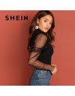 SHEIN Going Highstreet negro malla manga Gigot cuello alto equipado superior 2018 otoño Casual mujeres moderna camiseta de Dama