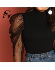 Camisetas y camisetas de cuello alto sheinde para mujer camisetas negras de manga de pierna de cordero de malla de mujer de otoñ