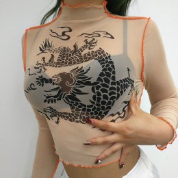 Harajuku malla corta superior de manga larga Camiseta mujer Kawaii dragón gráfico Tees Sexy ver a través de cuello alto camiseta