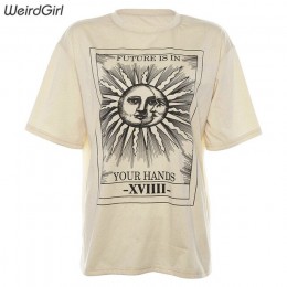 Weirdgirl mujer casual moda camiseta caqui letra sol Luna estampado suelto cuello redondo media manga elástica estirada verano h