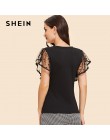 SHEIN Vintage negro punto contraste malla manga cuello en V camiseta lisa mujer verano elegante sólido manga corta Camisetas