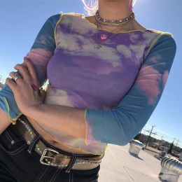 Camiseta de malla con estampado de nubes de cielo azul para mujer, Camiseta de verano casual transparente, Camiseta sexy de reta