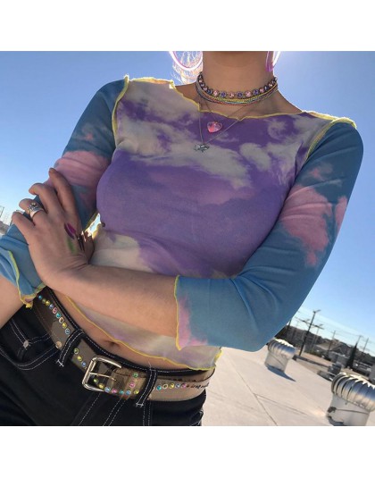Camiseta de malla con estampado de nubes de cielo azul para mujer, Camiseta de verano casual transparente, Camiseta sexy de reta