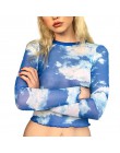 2019 vintage ins caliente azul cielo blanco nubes patrón estampado Delgado manga larga malla mujeres corta Camiseta mujer sexy