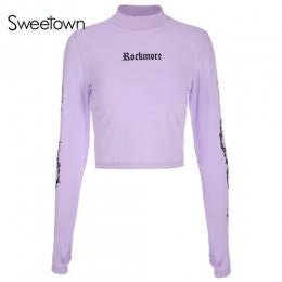 Sweetown Harajuku Crop superior de manga larga de cuello alto T Shirt púrpura coreano moda estilo gráfico camisetas mujeres impr