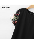 SHEIN negro estampado Floral manga mujer Casual Camiseta cuello redondo manga corta Camisetas verano 2019 FIN DE SEMANA Casual c