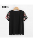 SHEIN negro estampado Floral manga mujer Casual Camiseta cuello redondo manga corta Camisetas verano 2019 FIN DE SEMANA Casual c