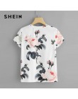 Camiseta de cuello redondo con estampado de flores SHEIN para mujer, camiseta de verano de manga corta Casual de fin de semana 2
