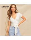 SHEIN Sexy Deep V Neck Crop Wrap Belted ajustado superior sólido camiseta mujer verano elegante 2019 camisetas de manga corta
