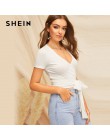 SHEIN Sexy Deep V Neck Crop Wrap Belted ajustado superior sólido camiseta mujer verano elegante 2019 camisetas de manga corta